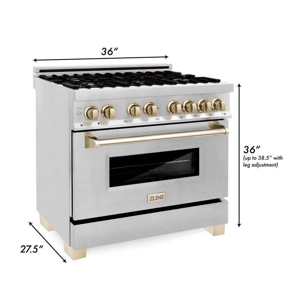 Autograph Edition 36 in. Kitchen Package with Stainless Steel Dual Fuel Range, Range Hood, Dishwasher and Refrigerator with Polished Gold Accents 4KAPRRARHDWM36G