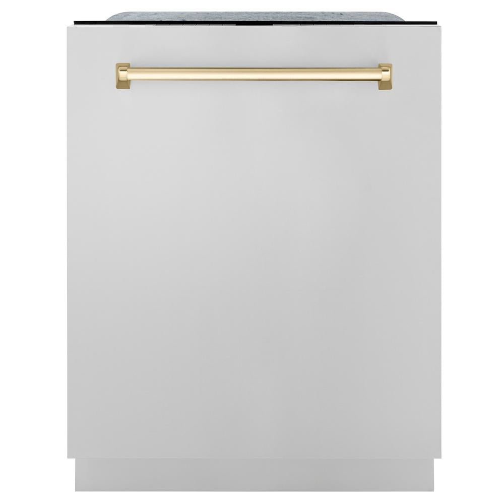 Autograph Edition 36 in. Kitchen Package with Stainless Steel Dual Fuel Range, Range Hood, Dishwasher and Refrigerator with Polished Gold Accents 4KAPRRARHDWM36G
