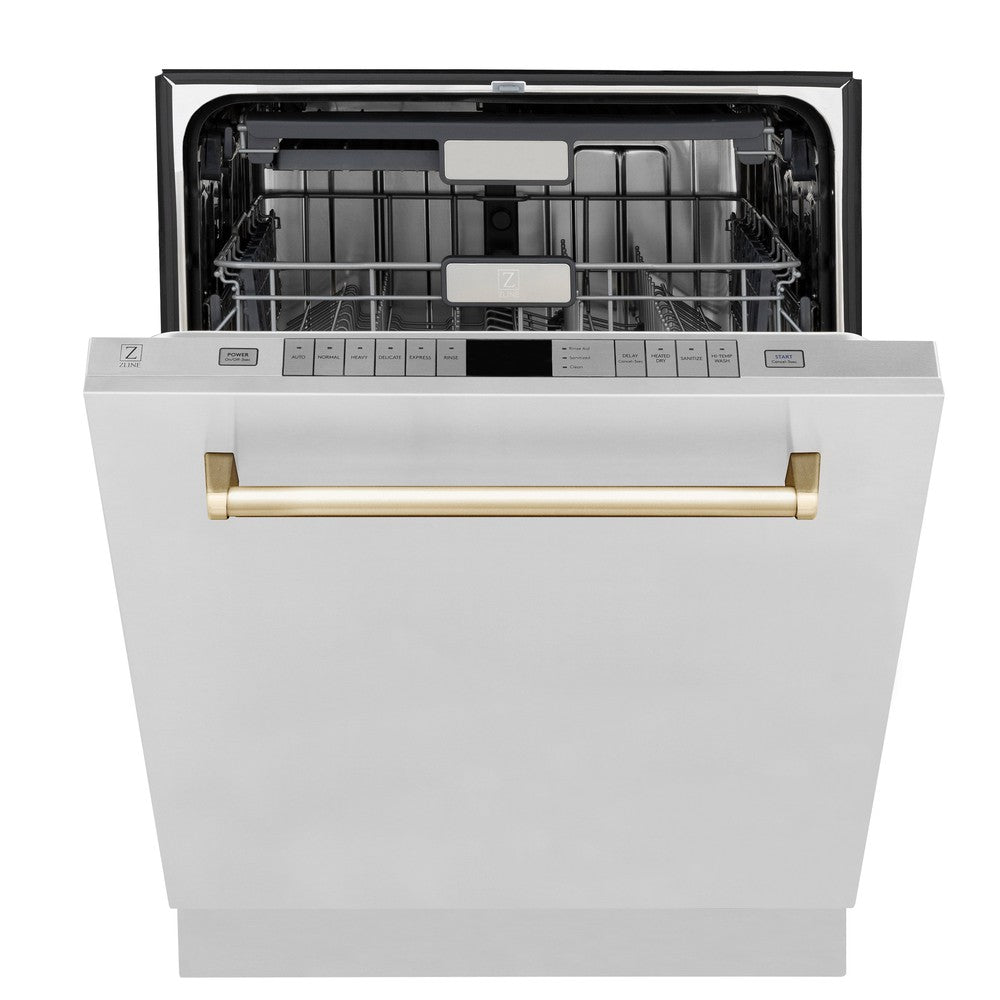Autograph Edition 36 in. Kitchen Package with Stainless Steel Dual Fuel Range, Range Hood, Dishwasher and Refrigerator with Polished Gold Accents 4KAPRRARHDWM36G