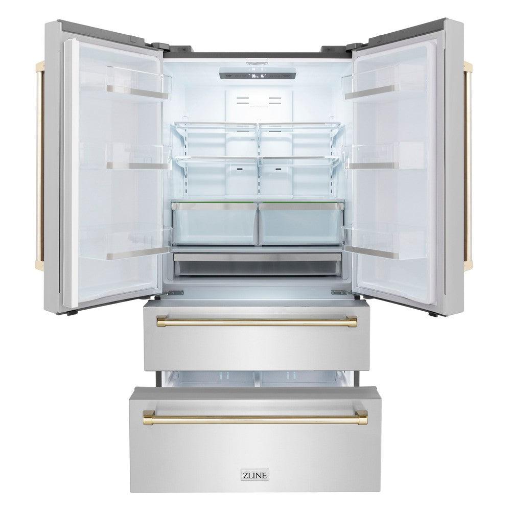 Autograph Edition 36 in. Kitchen Package with Stainless Steel Dual Fuel Range, Range Hood, Dishwasher and Refrigerator with Polished Gold Accents 4KAPRRARHDWM36G