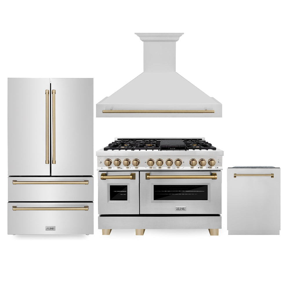 Autograph Edition 48 in. Kitchen Package with Stainless Steel Dual Fuel Range, Range Hood, Dishwasher and Refrigerator with Champagne Bronze Accents 4KAPRRARHDWM48CB