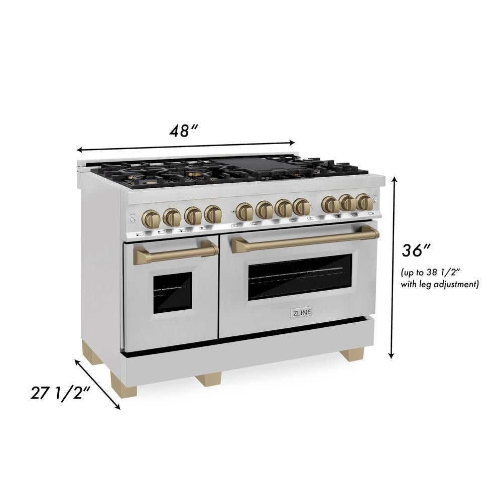 Autograph Edition 48 in. Kitchen Package with Stainless Steel Dual Fuel Range, Range Hood, Dishwasher and Refrigerator with Champagne Bronze Accents 4KAPRRARHDWM48CB