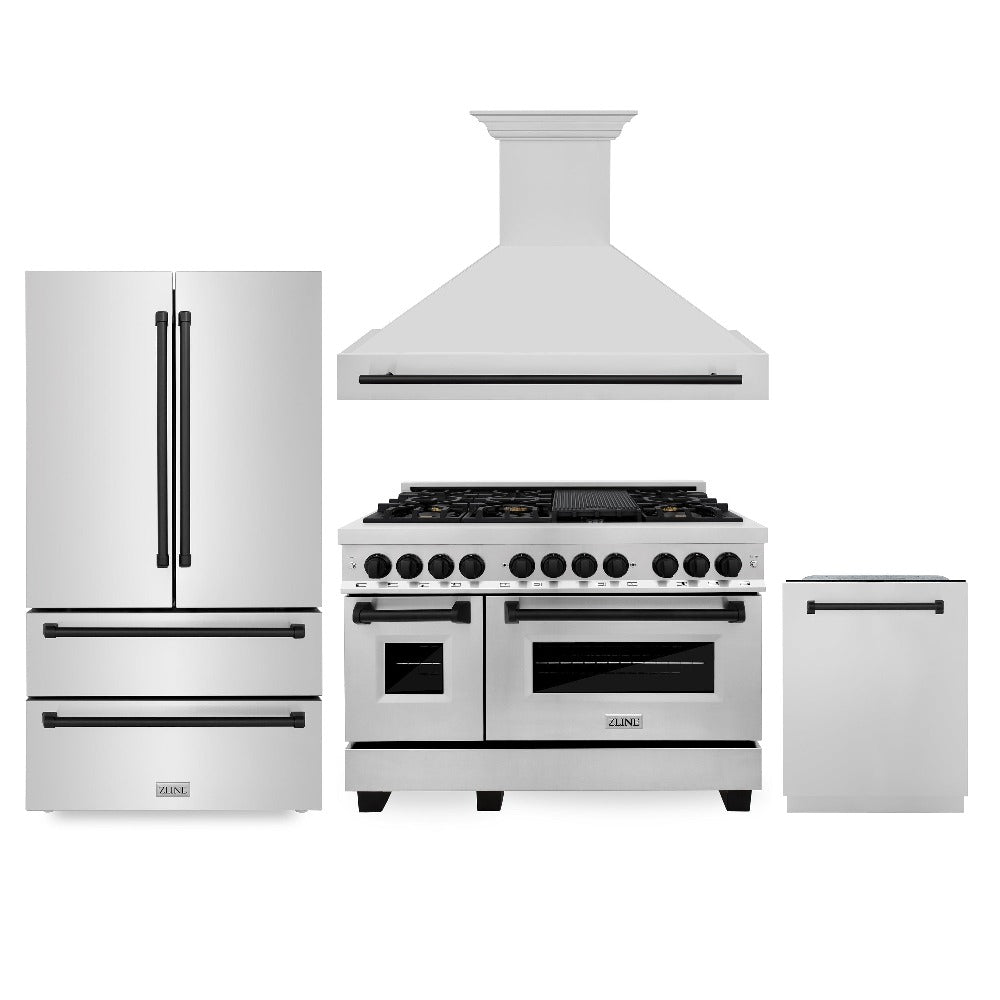 Autograph Edition 48 in. Kitchen Package with Stainless Steel Dual Fuel Range, Range Hood, Dishwasher and Refrigerator with Matte Black Accents 4KAPRRARHDWM48MB