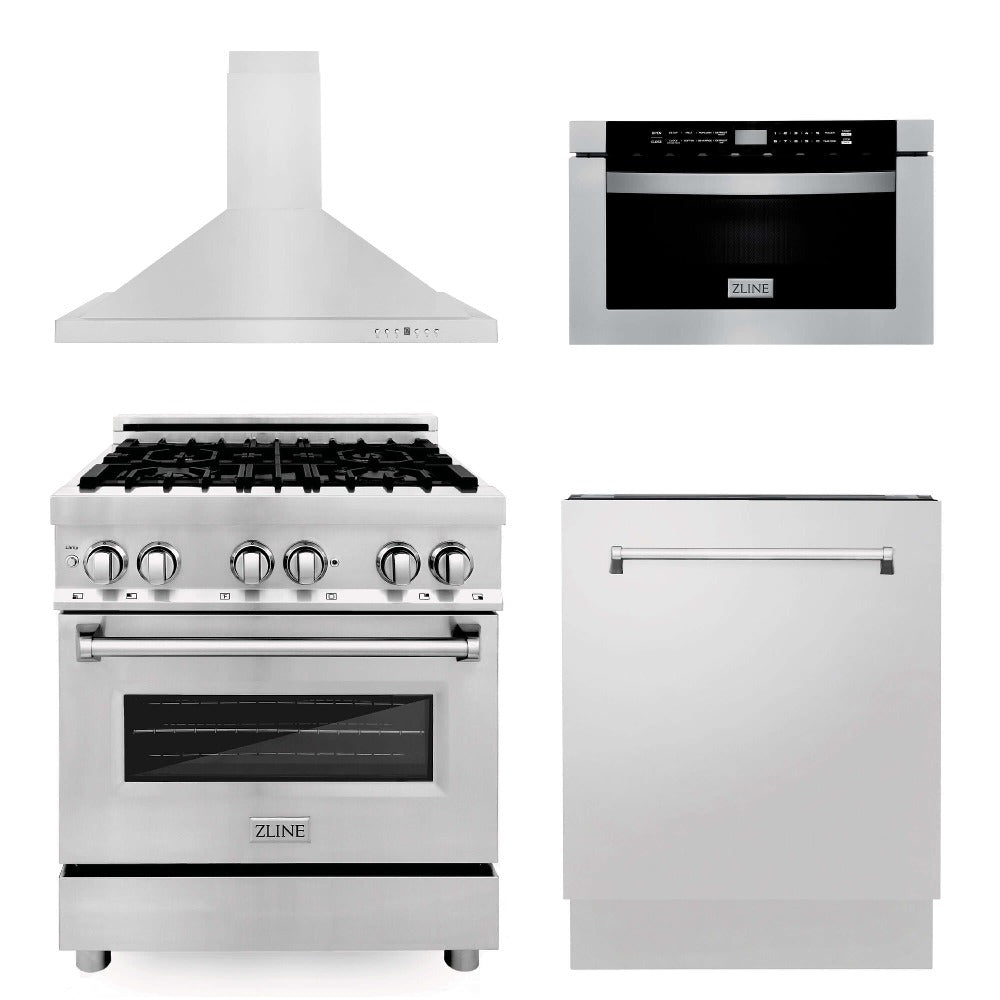 30 in. Kitchen Package with Stainless Steel Dual Fuel Range, Range Hood, Microwave Drawer and Tall Tub Dishwasher 4KPRARH30MWDWV