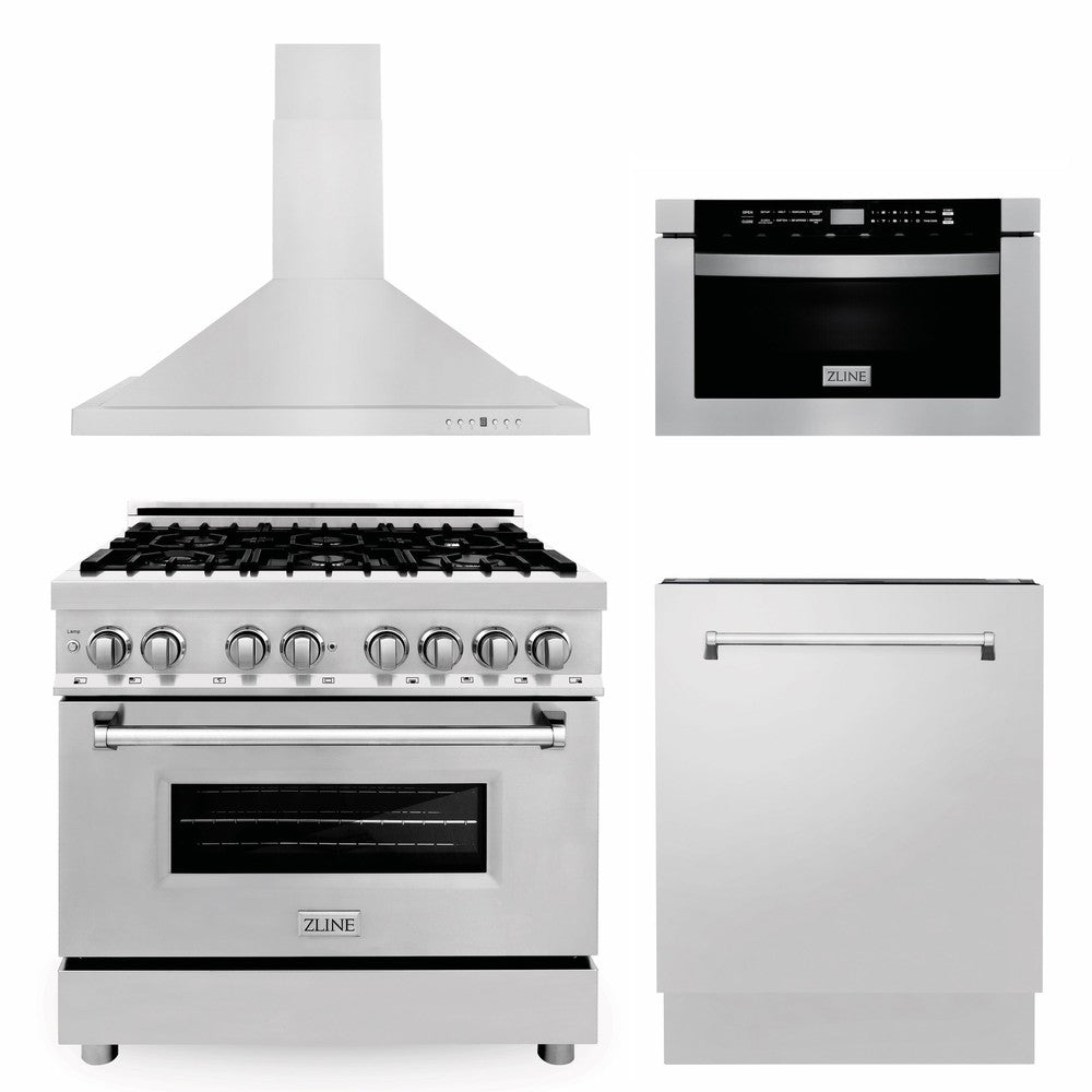 36 in. Kitchen Package with Stainless Steel Dual Fuel Range, Range Hood, Microwave Drawer and Tall Tub Dishwasher 4KPRARH36MWDWV
