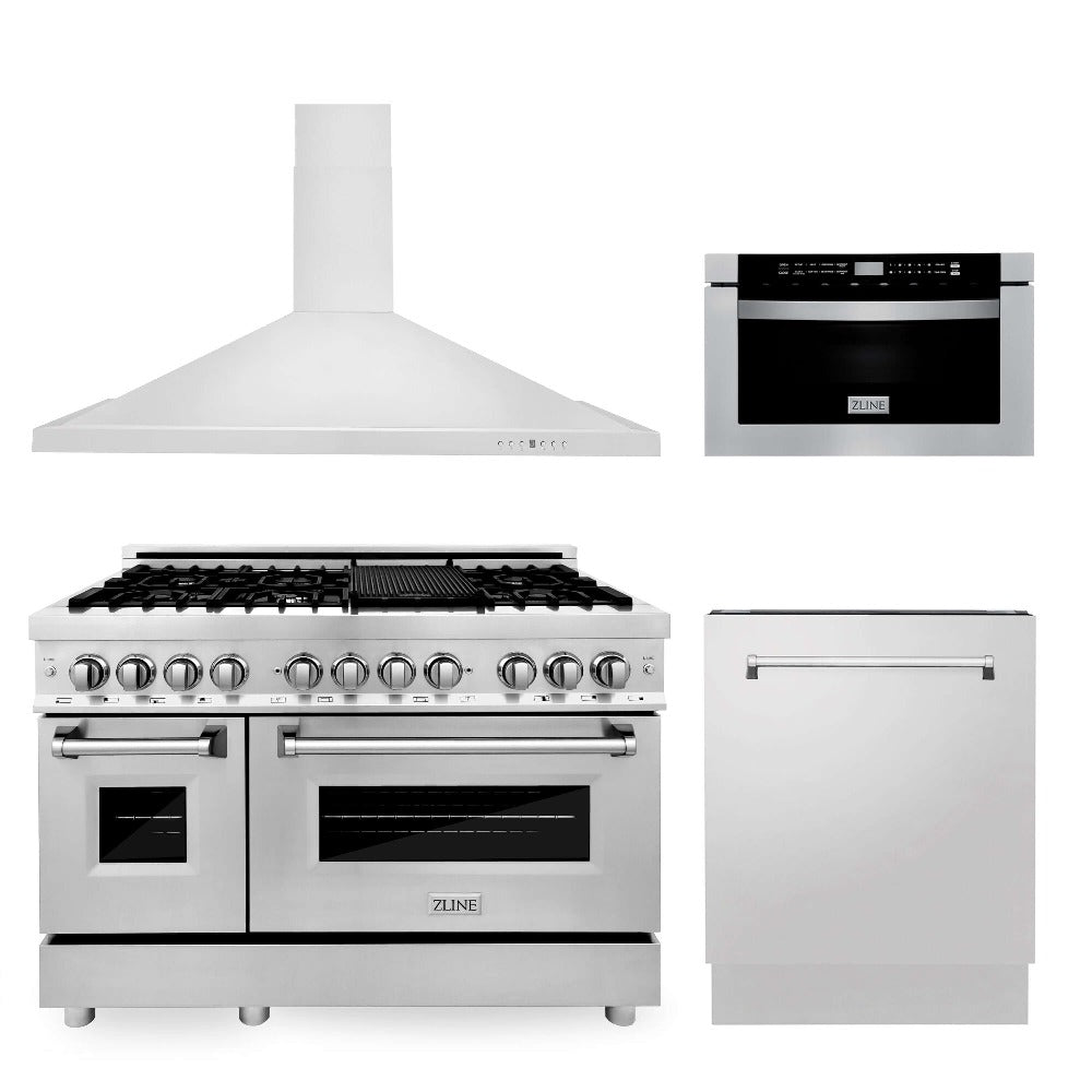 48 in. Kitchen Package with Stainless Steel Dual Fuel Range, Range Hood, Microwave Drawer and Tall Tub Dishwasher 4KPRARH48MWDWV