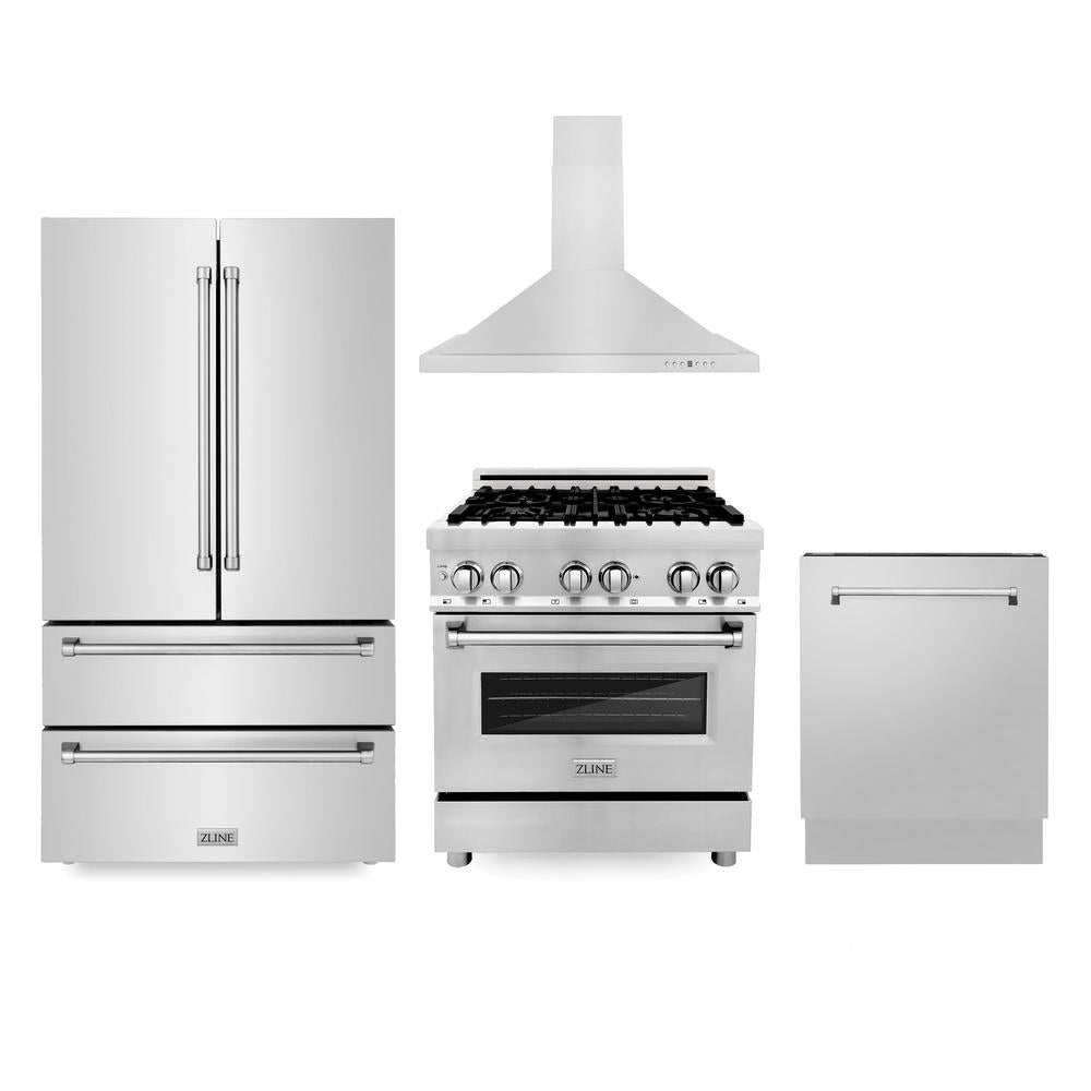 Kitchen Package with Refrigerator, 30 in. Stainless Steel Dual Fuel Range, 30 in. Convertible Vent Range Hood and 24 in. Tall Tub Dishwasher 4KPRRARH30DWV