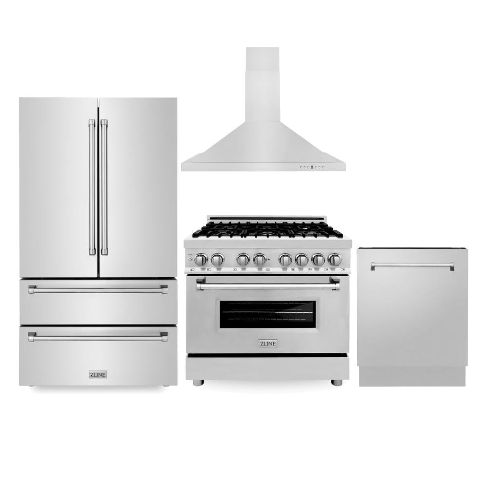Kitchen Package with Refrigerator, 36 in. Stainless Steel Dual Fuel Range, 36 in. Convertible Vent Range Hood and 24 in. Tall Tub Dishwasher 4KPRRARH36DWV