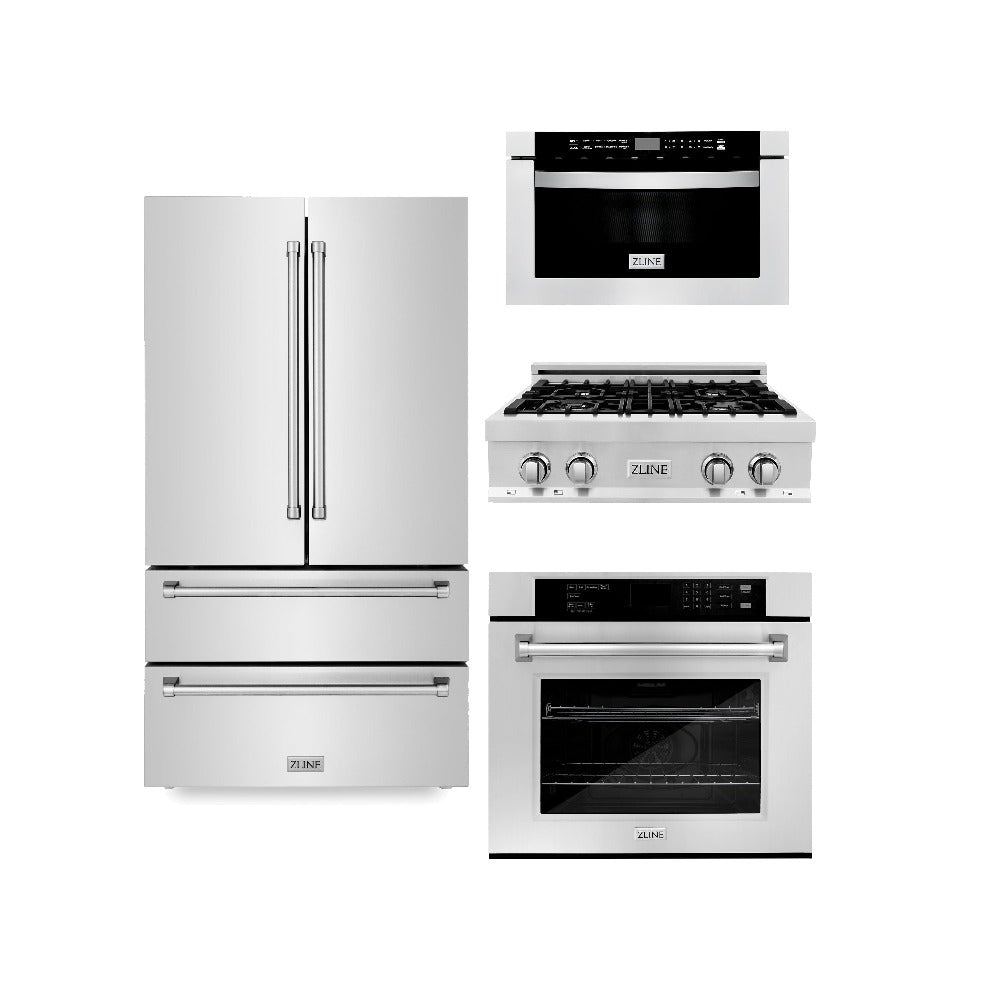 Kitchen Package with Refrigerator, 30 in. Stainless Steel Rangetop, 30 in. Single Wall Oven, 30 in. Microwave Oven 4KPRRT30MWAWS