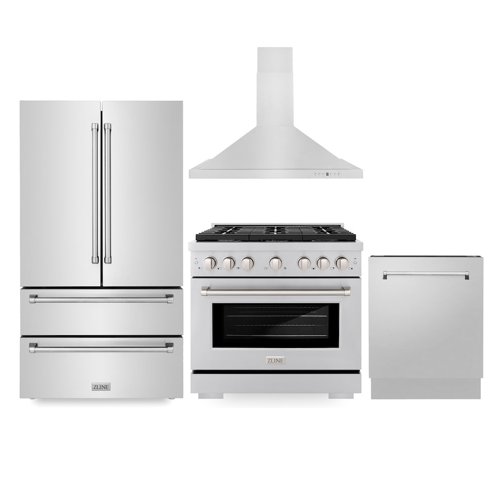 Kitchen Package with Refrigerator, 36 in. Stainless Steel Gas Range, 36 in. Convertible Vent Range Hood and 24 in. Tall Tub Dishwasher 4KPRSGRRH36DWV