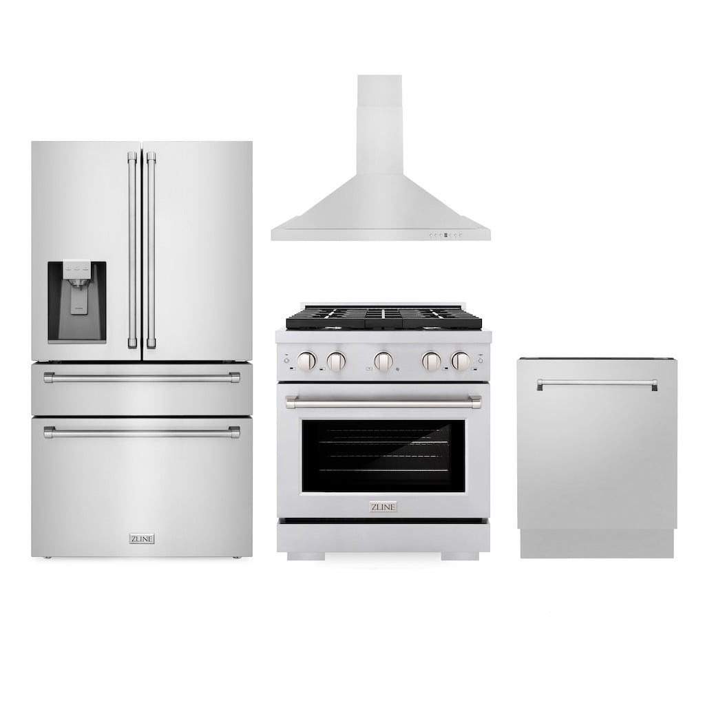 Kitchen Package with Water and Ice Dispenser Refrigerator, 30 in. Gas Range, 30 in. Range Hood, and 24 in. Tall Tub Dishwasher 4KPRWSGRRH30DWV