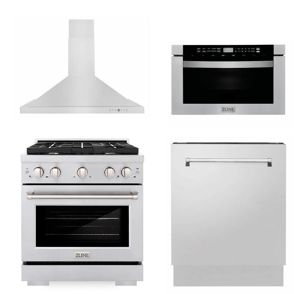 30 in. Kitchen Package with Stainless Steel Gas Range, Range Hood, Microwave Drawer and Tall Tub Dishwasher 4KPSGRRH30MWDWV