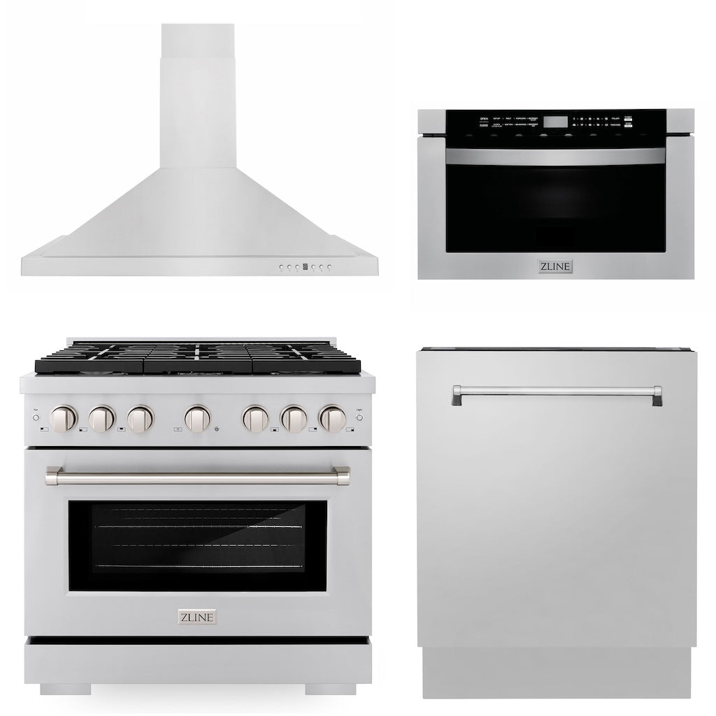 36 in. Kitchen Package with Stainless Steel Gas Range, Range Hood, Microwave Drawer and Tall Tub Dishwasher 4KPSGRRH36MWDWV