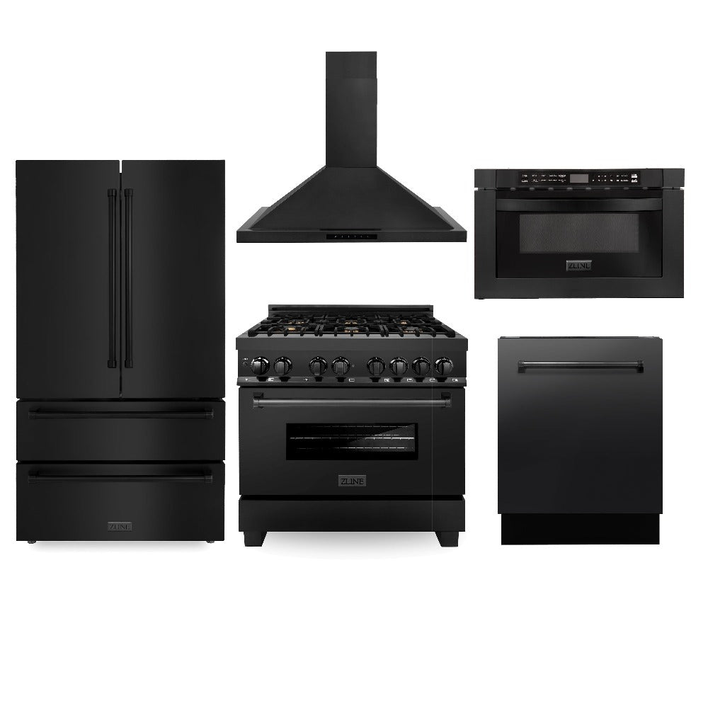 Kitchen Package with Black Stainless Steel Refrigerator, 36 in. Dual Fuel Range, 36 in. Range Hood, Microwave Drawer, and 24 in. Tall Tub Dishwasher 5KPRRABRH36MWDWV