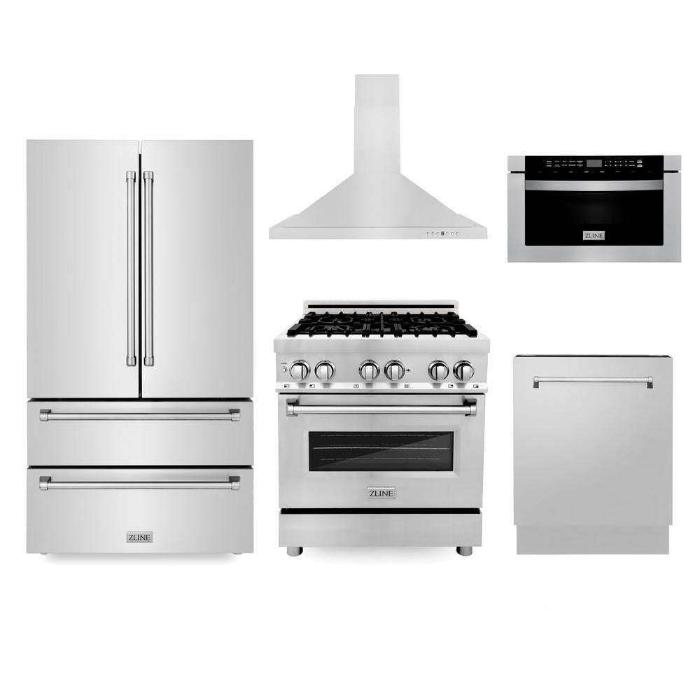 Kitchen Package with 36 in. French Door Refrigerator, 30 in. Stainless Steel Dual Fuel Range, 30 in. Convertible Vent Range Hood, 24 in. Microwave Drawer, and 24 in. Tall Tub Dishwasher 5KPRR
