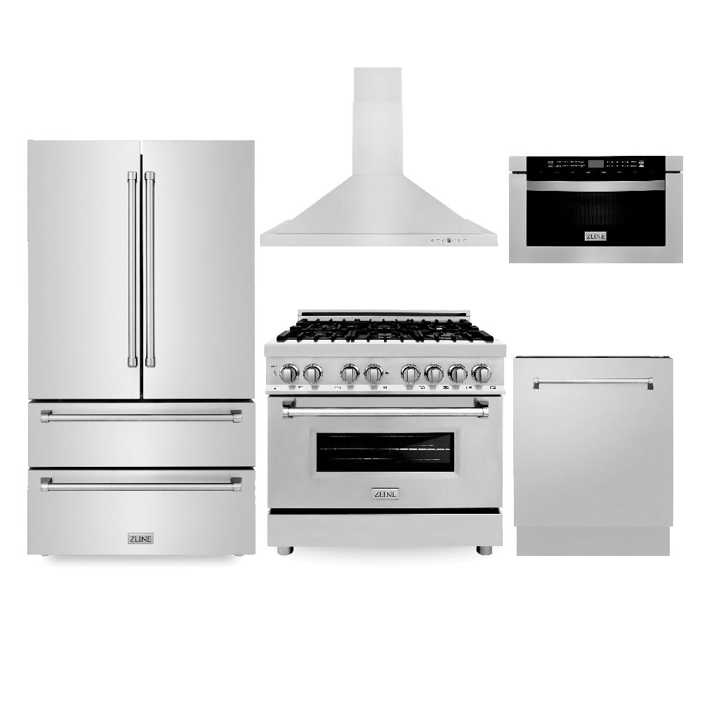 Kitchen Package with Refrigerator, 36 in. Stainless Steel Dual Fuel Range, 36 in. Convertible Vent Range Hood, 24 in. Microwave Drawer, and 24 in. Tall Tub Dishwasher 5KPRRARH36MWDWV
