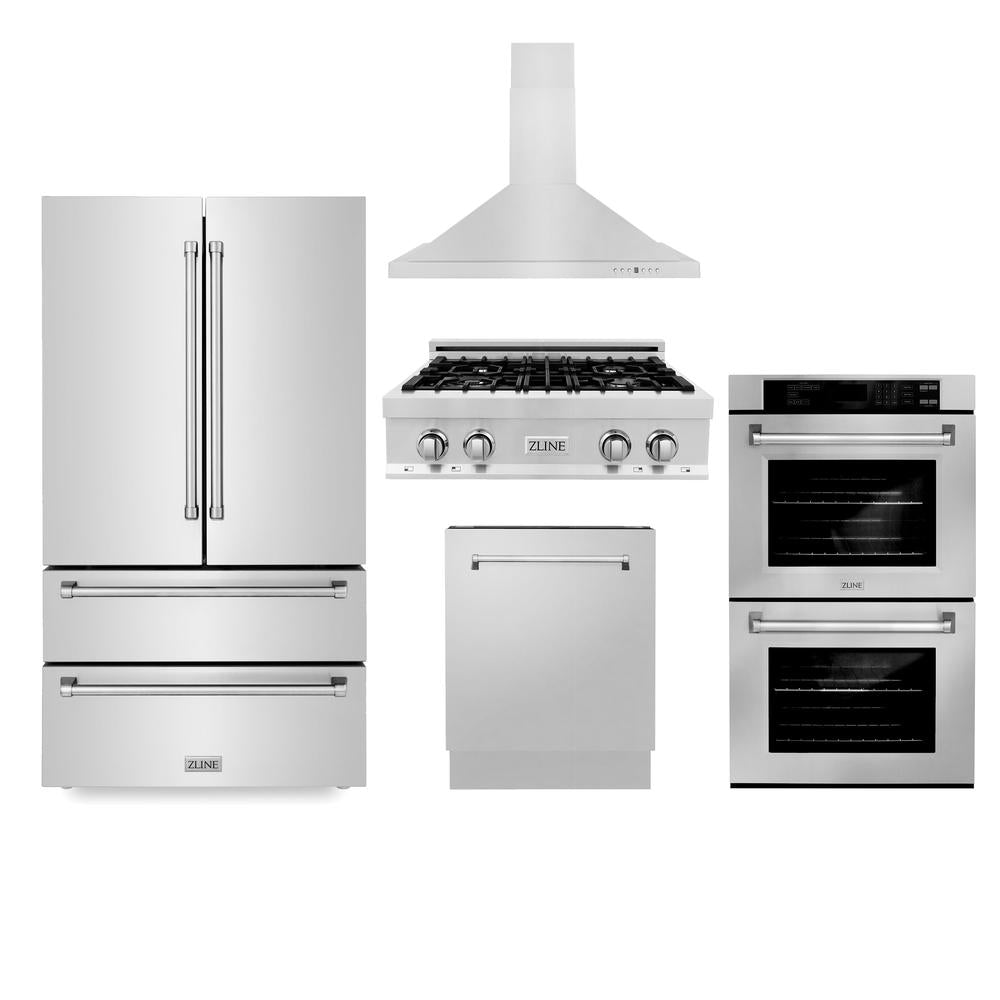Kitchen Package with Refrigerator, 30 in. Stainless Steel Gas Rangetop, 30 in. Convertible Vent Range Hood, 30 in. Double Wall Oven, and 24 in. Tall Tub Dishwasher 5KPRRTRH30AWDDWV