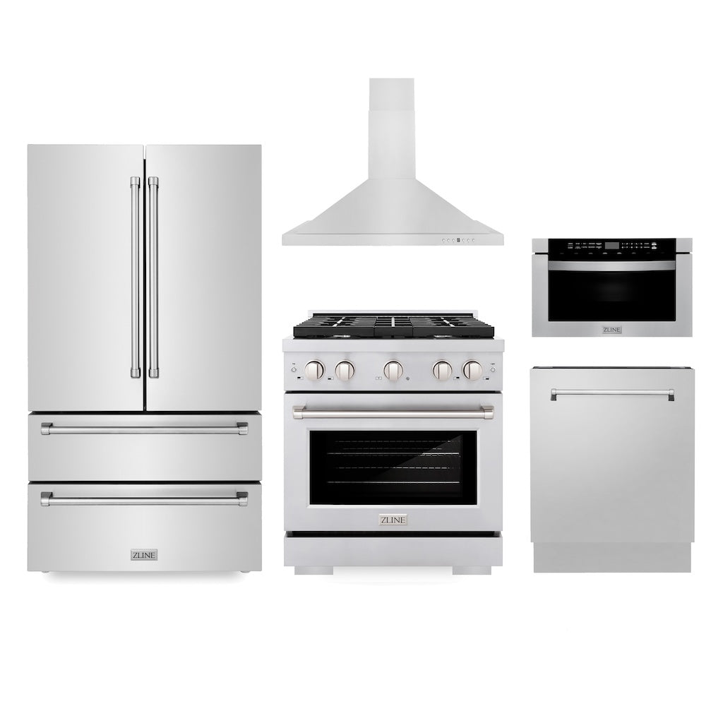 Kitchen Package with Refrigerator, 30 in. Stainless Steel Gas Range, 30 in. Range Hood, Microwave Drawer, and 24 in. Tall Tub Dishwasher 5KPRSGRRH30MWDWV