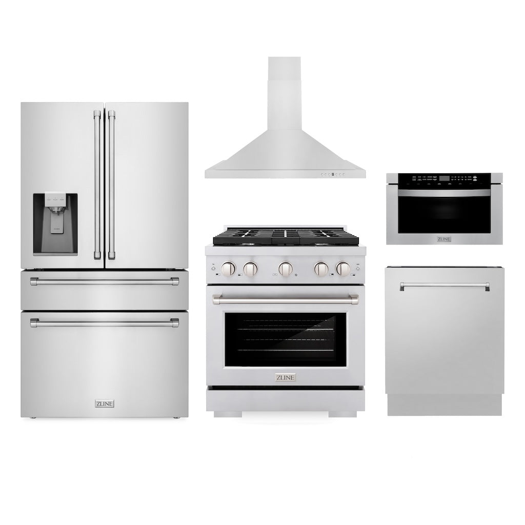 Kitchen Package with Water and Ice Dispenser Refrigerator, 30 in. Gas Range, 30 in. Range Hood, Microwave Drawer, and 24 in. Tall Tub Dishwasher 5KPRWSGRRH30MWDWV