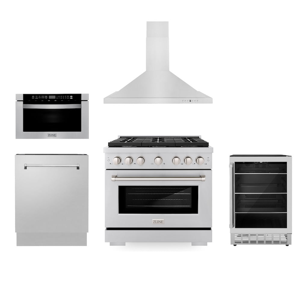 36 in. Kitchen Package with Stainless Steel Gas Range, Range Hood, Microwave Drawer, Tall Tub Dishwasher and Beverage Fridge 5KPSGRRH36MWDWVRBV