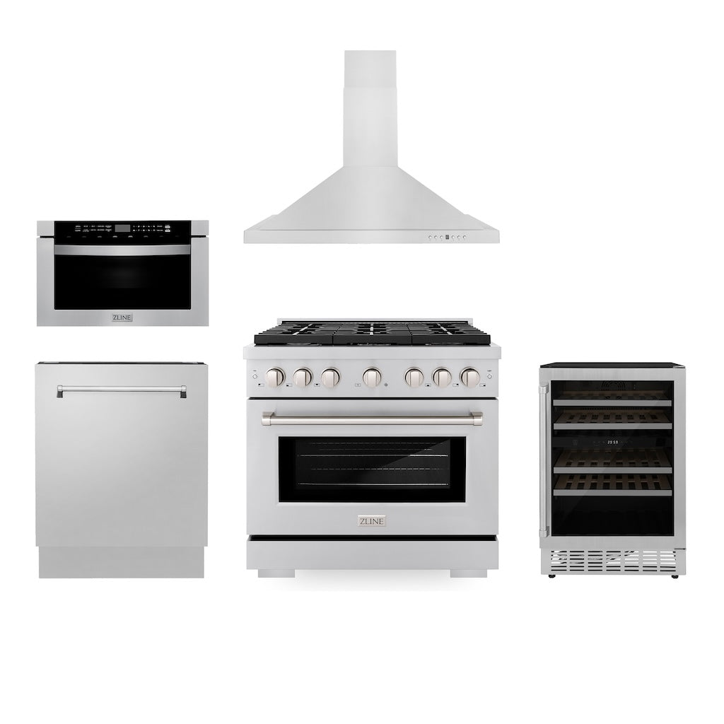 36 in. Kitchen Package with Stainless Steel Gas Range, Range Hood, Microwave Drawer, Tall Tub Dishwasher and Wine Cooler 5KPSGRRH36MWDWVRWV