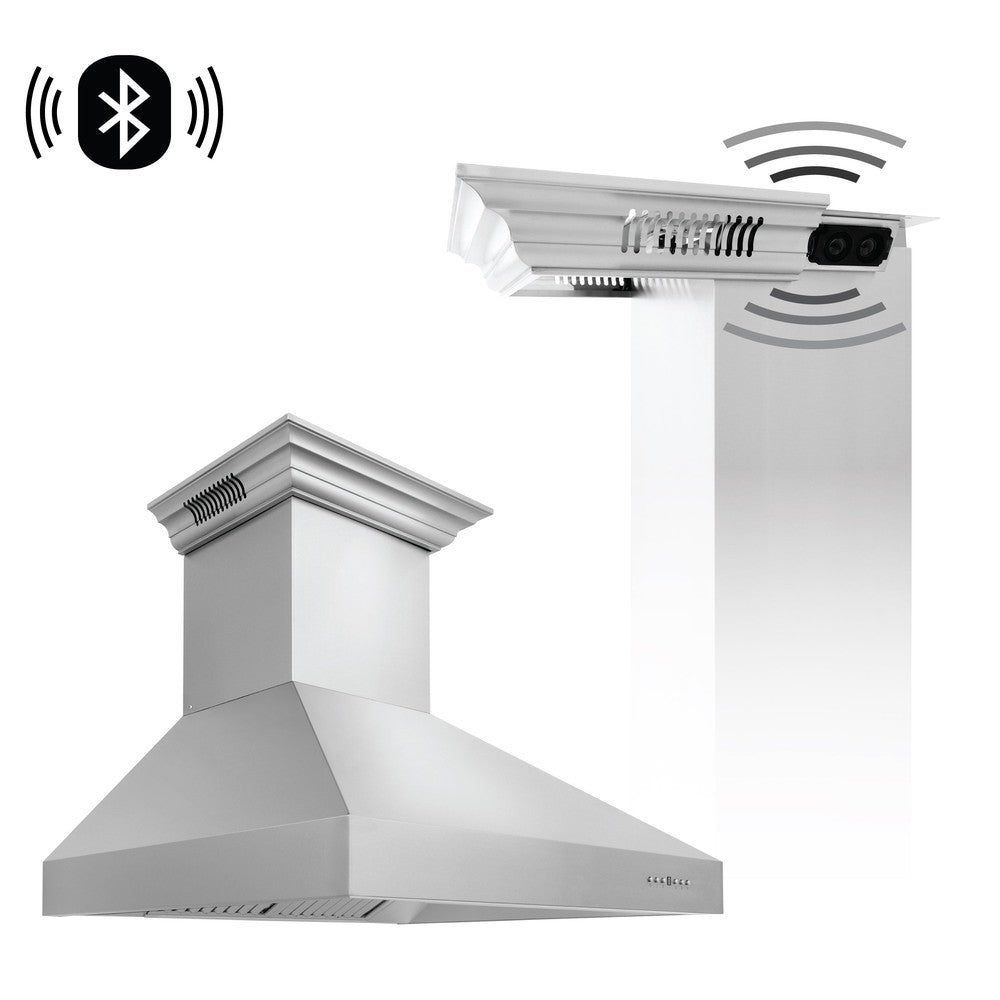 Professional Wall Mount Range Hood in Stainless Steel with Built-in CrownSound™tooth Speakers (697CRN-BT) - 54 Inch 697CRNBT54