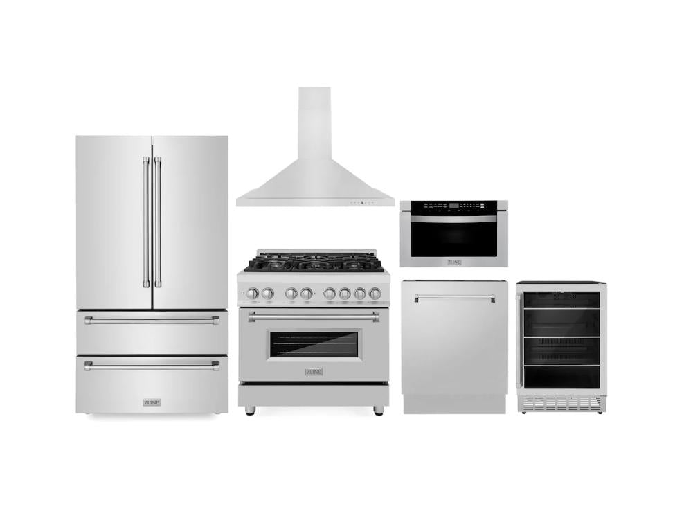 Kitchen Package with Refrigeration, 36" Stainless Steel Dual Fuel Range, 36" Range Hood, Microwave Drawer, 24" Tall Tub Dishwasher and Beverage Fridge 6KPRRARH36MWDWVRBV