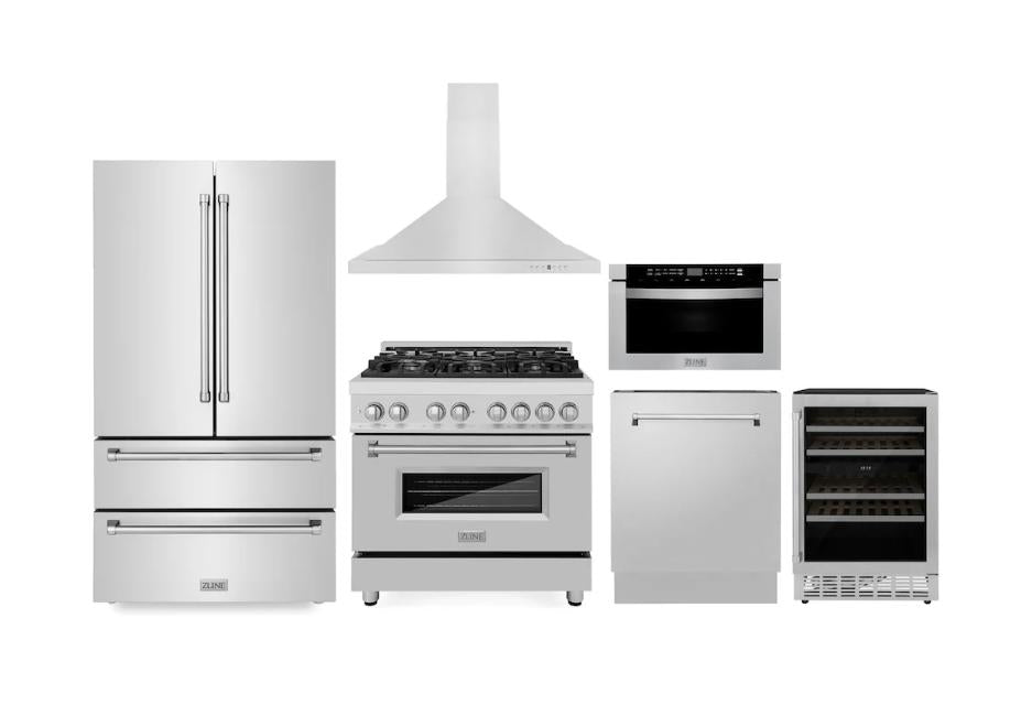 Kitchen Package with Refrigeration, 36" Stainless Steel Dual Fuel Range, 36" Range Hood, Microwave Drawer, 24" Tall Tub Dishwasher and Wine Cooler 6KPRRARH36MWDWVRWV