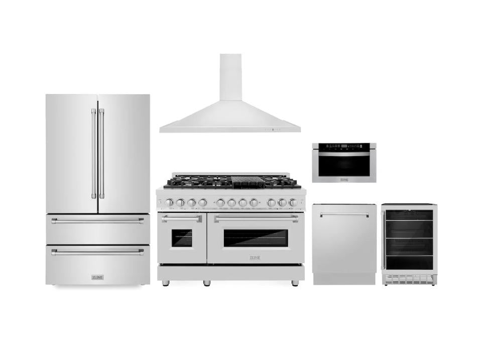 Kitchen Package with Refrigeration, 48" Stainless Steel Dual Fuel Range, 48" Range Hood, Microwave Drawer, 24" Tall Tub Dishwasher and Beverage Fridge 6KPRRARH48MWDWVRBV
