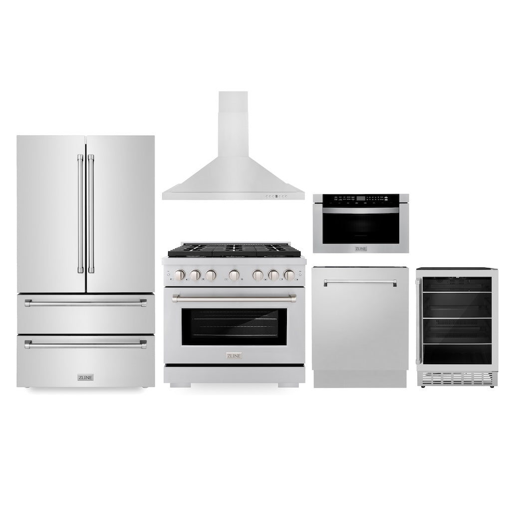 Kitchen Package with Refrigerator, 36 in. Stainless Steel Gas Range, 36 in. Range Hood, Microwave Drawer, 24 in. Tall Tub Dishwasher and Beverage Fridge 6KPRSGRRH36MWDWVRBV