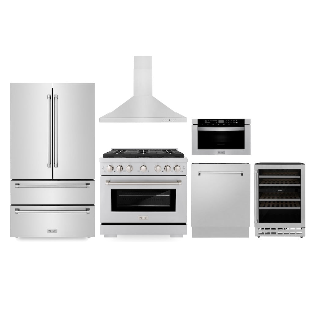 Kitchen Package with Refrigerator, 36 in. Stainless Steel Gas Range, 36 in. Range Hood, Microwave Drawer, 24 in. Tall Tub Dishwasher and Wine Cooler 6KPRSGRRH36MWDWVRWV