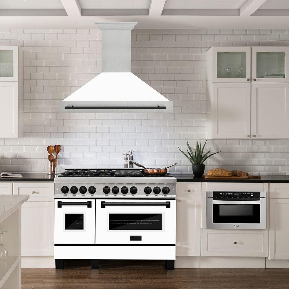 Autograph Edition 48 In. Satin Stainless Steel Wall Mount Range Hood With White Matte Shell And Matte Black Handle 8654SNZWM48MB