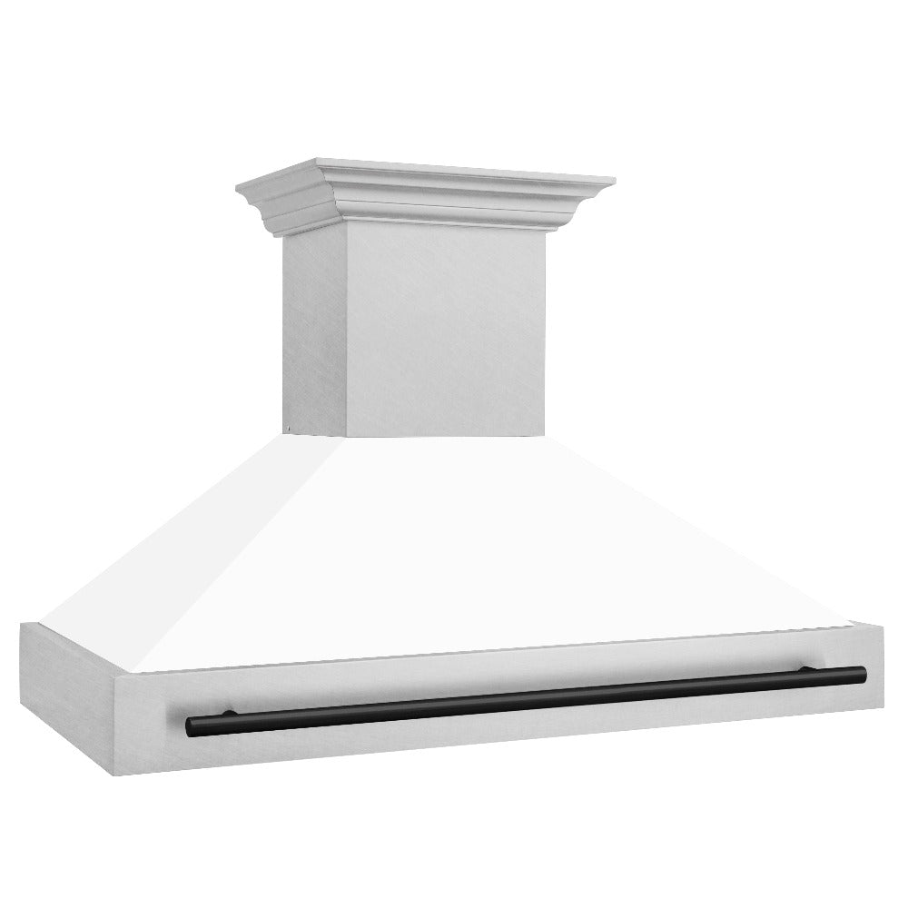 Autograph Edition 48 In. Satin Stainless Steel Wall Mount Range Hood With White Matte Shell And Matte Black Handle 8654SNZWM48MB