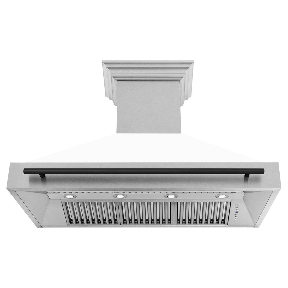 Autograph Edition 48 In. Satin Stainless Steel Wall Mount Range Hood With White Matte Shell And Matte Black Handle 8654SNZWM48MB
