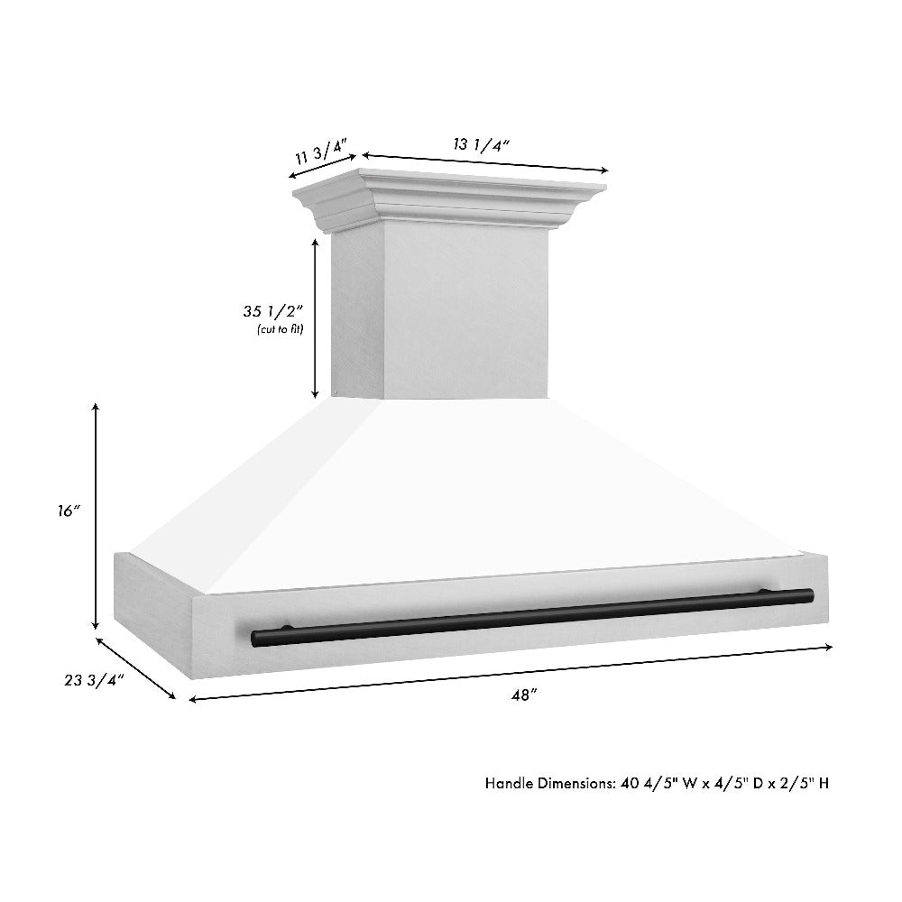 Autograph Edition 48 In. Satin Stainless Steel Wall Mount Range Hood With White Matte Shell And Matte Black Handle 8654SNZWM48MB
