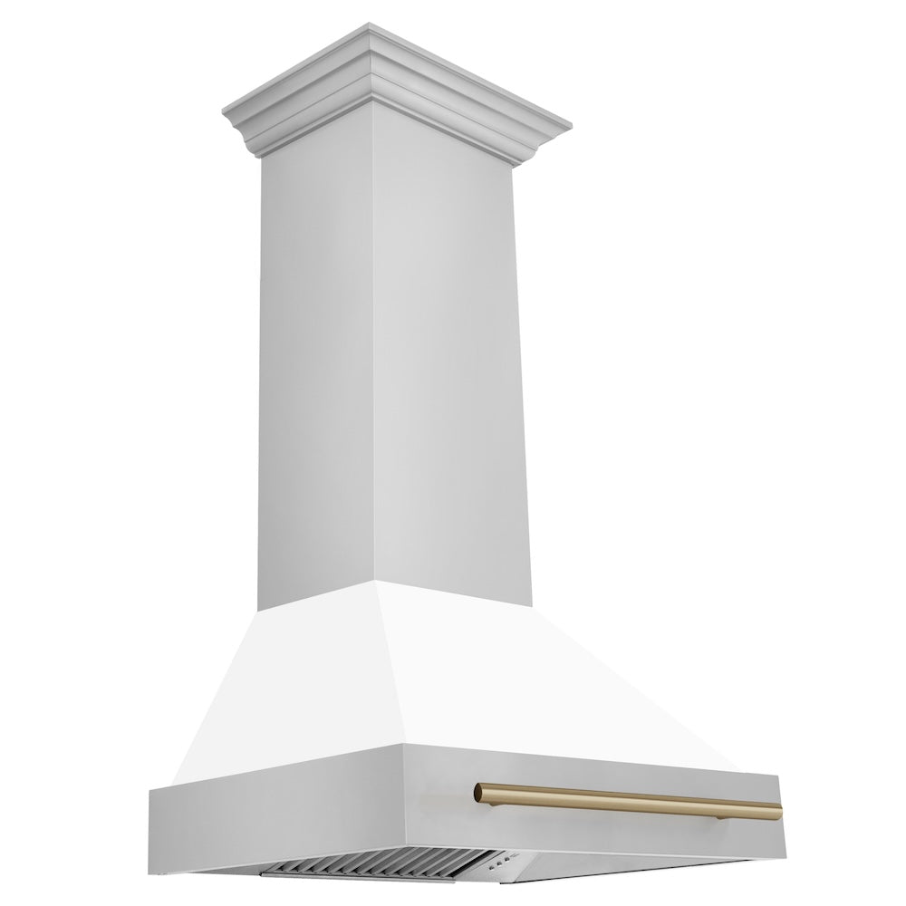 30"Autograph Edition Stainless Steel Range Hood with White Matte Shell and Champagne Bronze Handle 8654STZWM30CB