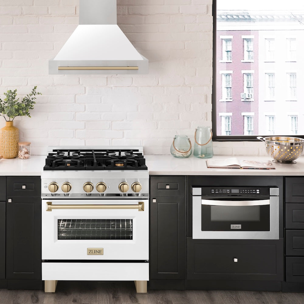 30"Autograph Edition Stainless Steel Range Hood with White Matte Shell and Champagne Bronze Handle 8654STZWM30CB