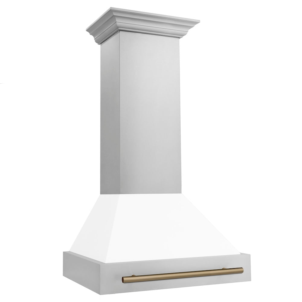 30"Autograph Edition Stainless Steel Range Hood with White Matte Shell and Champagne Bronze Handle 8654STZWM30CB