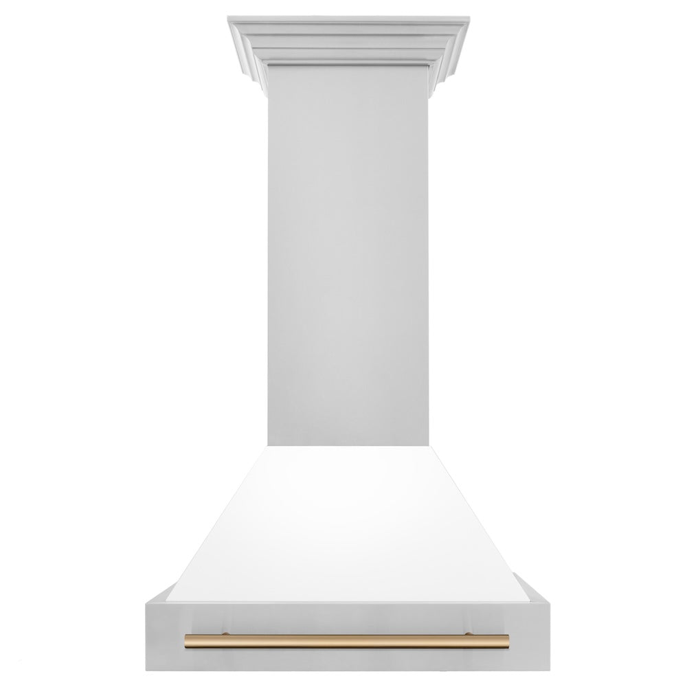 30"Autograph Edition Stainless Steel Range Hood with White Matte Shell and Champagne Bronze Handle 8654STZWM30CB