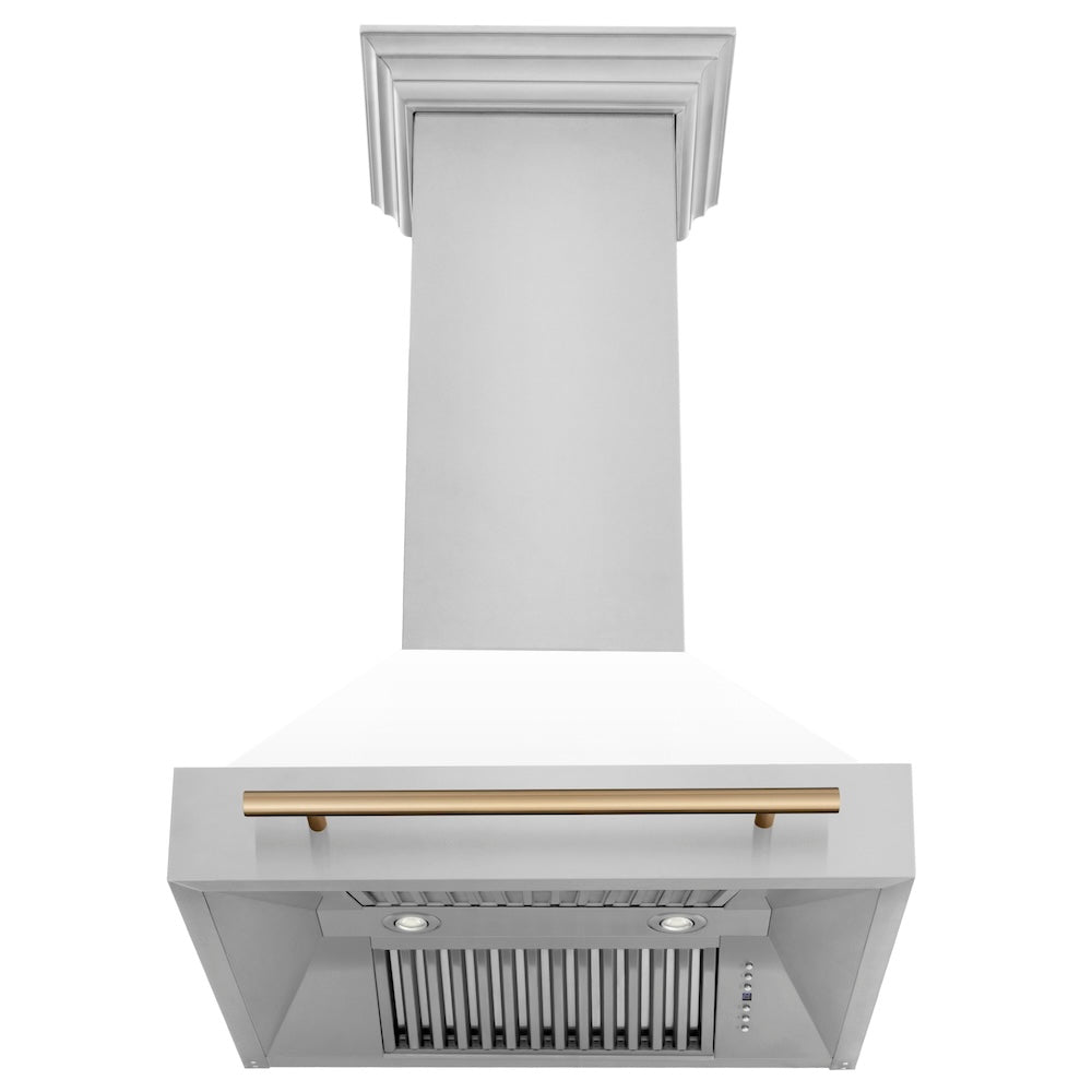 30"Autograph Edition Stainless Steel Range Hood with White Matte Shell and Champagne Bronze Handle 8654STZWM30CB
