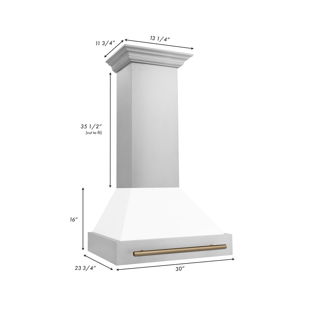 30"Autograph Edition Stainless Steel Range Hood with White Matte Shell and Champagne Bronze Handle 8654STZWM30CB