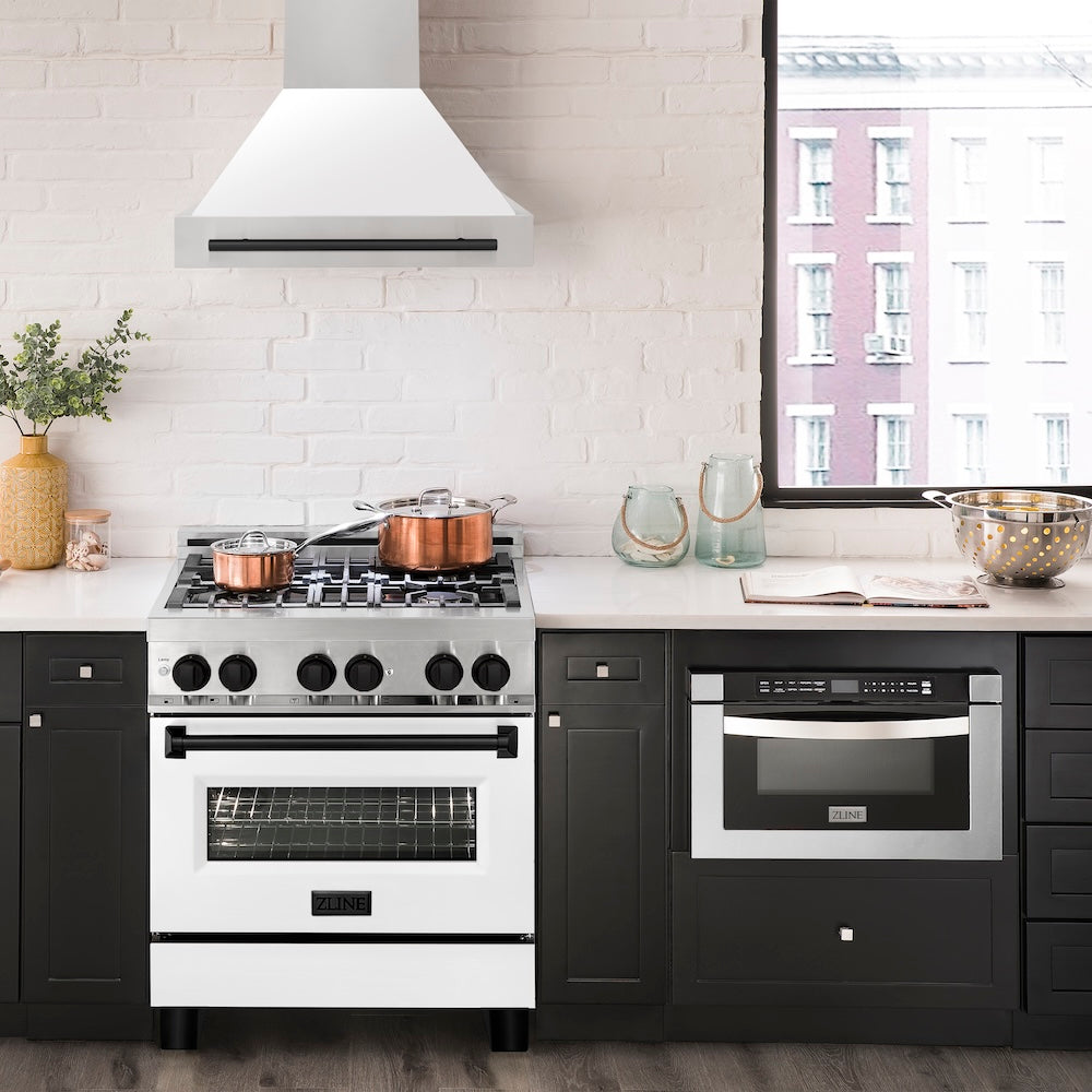 30"Autograph Edition Stainless Steel Range Hood with White Matte Shell and Matte Black Handle 8654STZWM30MB
