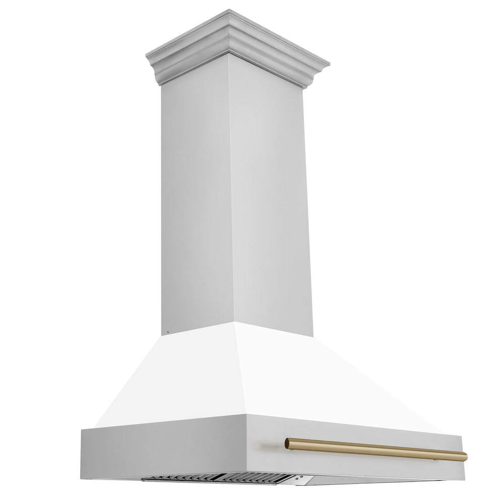 36"Autograph Edition Stainless Steel Range Hood with White Matte Shell and Champagne Bronze Handle 8654STZWM36CB