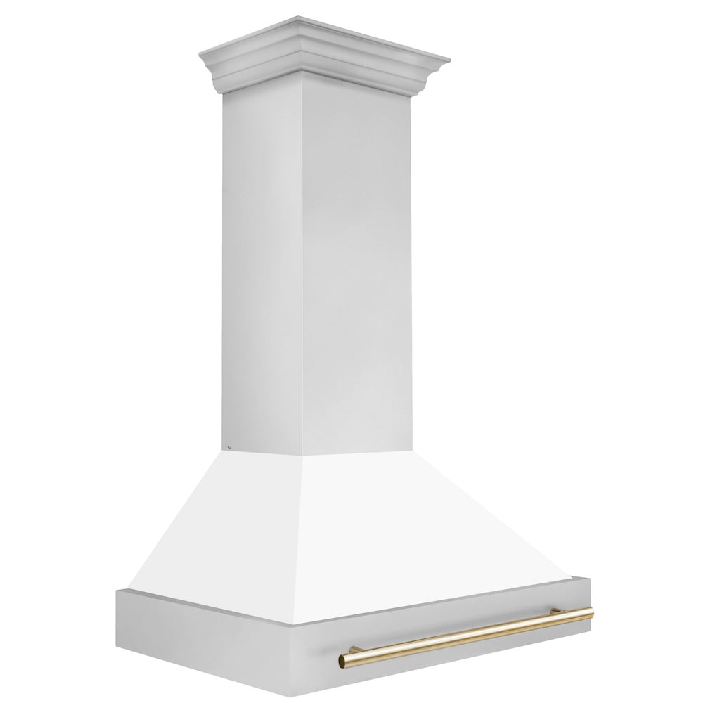 36"Autograph Edition Stainless Steel Range Hood with White Matte Shell and Polished Polished Gold Handle 8654STZWM36G