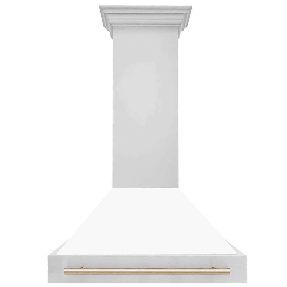 36"Autograph Edition Stainless Steel Range Hood with White Matte Shell and Polished Polished Gold Handle 8654STZWM36G