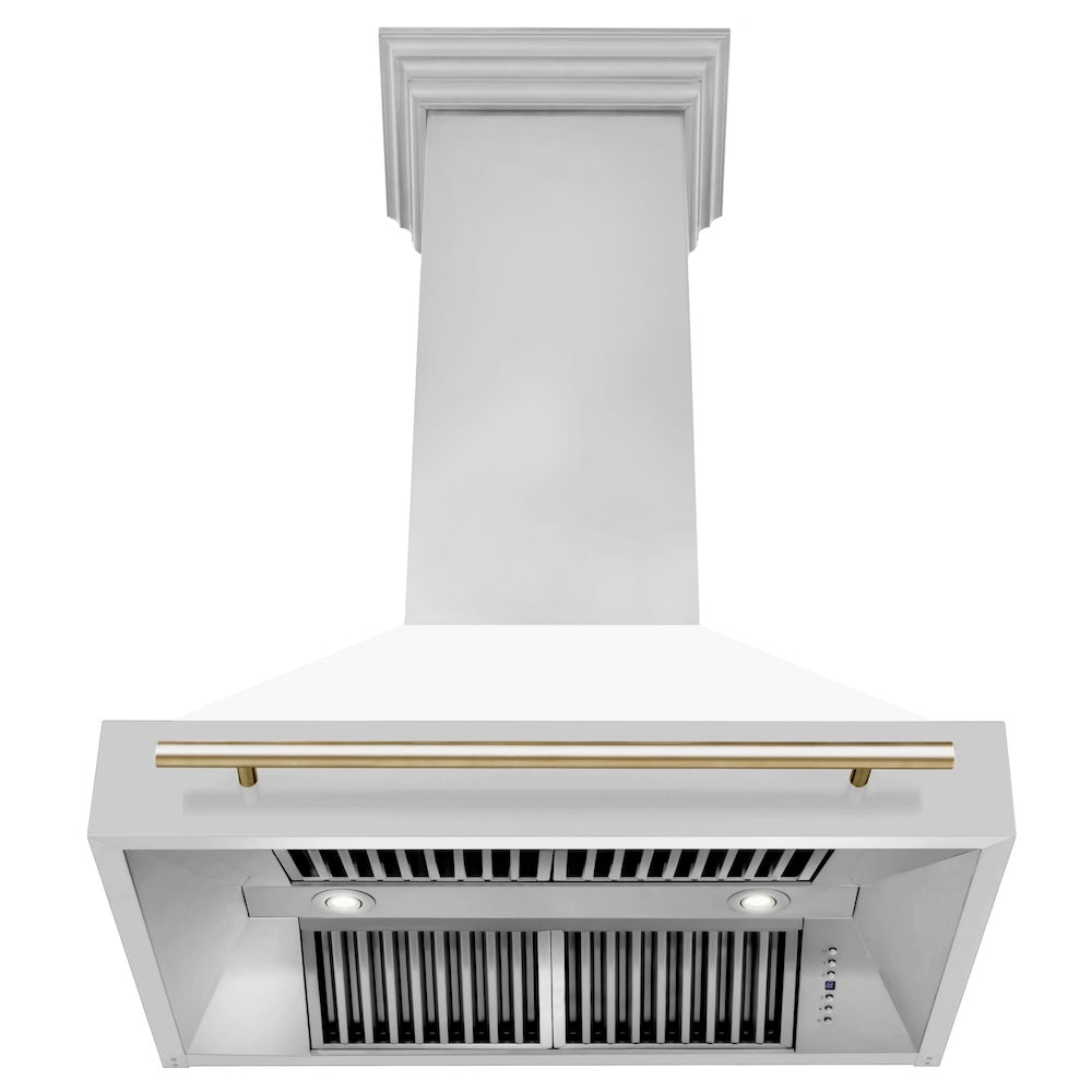 36"Autograph Edition Stainless Steel Range Hood with White Matte Shell and Polished Polished Gold Handle 8654STZWM36G