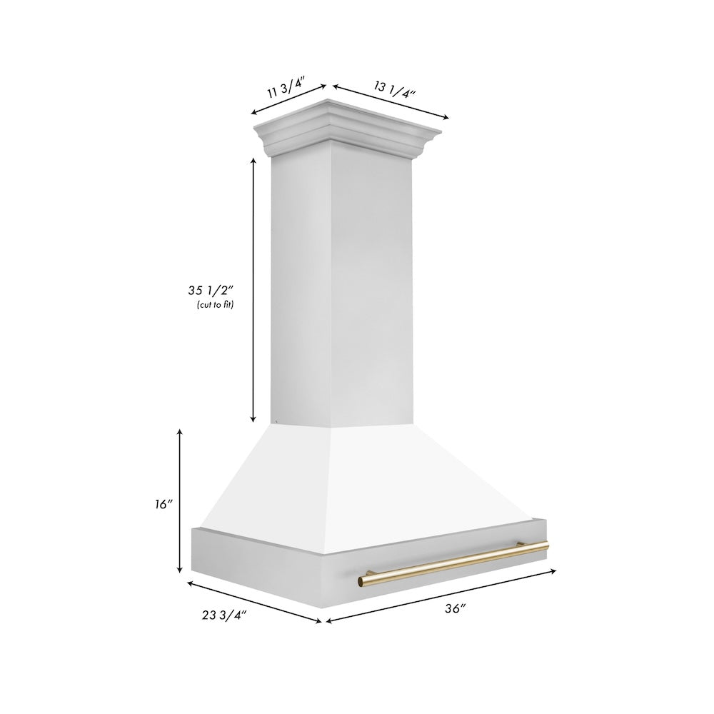36"Autograph Edition Stainless Steel Range Hood with White Matte Shell and Polished Polished Gold Handle 8654STZWM36G