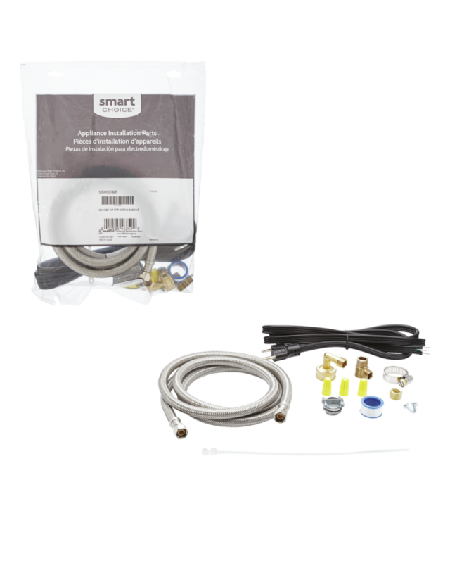 Dishwasher Water Line Kit that Includes a 6' Stainless Steel Braided Water Line, a 3/4" Garden Hose Elbow, Power Cord and Hardware 912000909