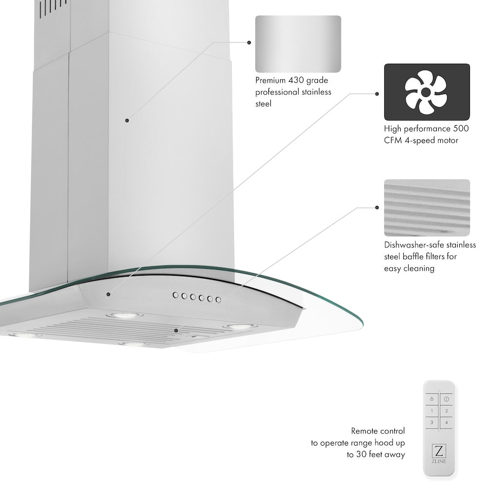 36”Alpine Series Convertible Island Mount Range Hood in Stainless Steel with Remote Control LED lighting, and Dishwasher-Safe Baffle Filters ALP70IS36