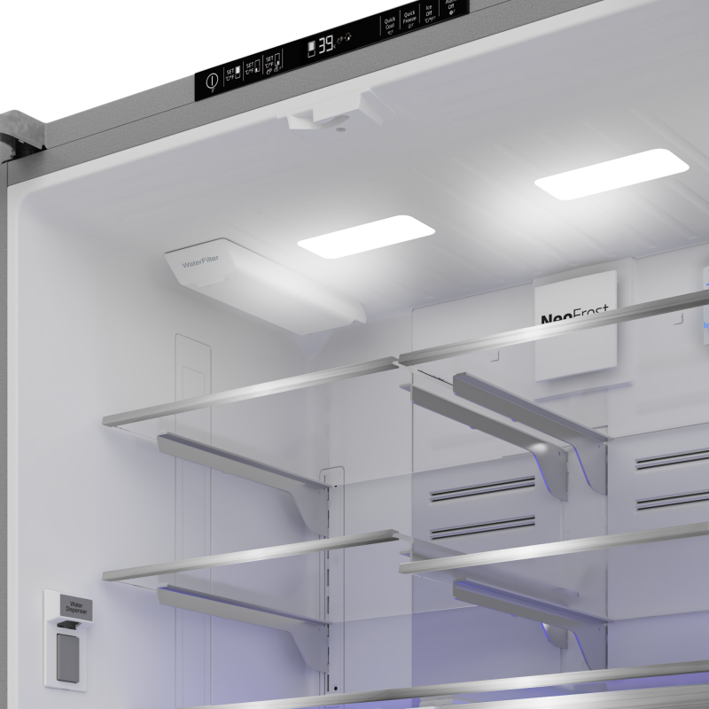 36" French Four-Door Stainless Steel Refrigerator with auto Ice Maker, Water Dispenser BFFD3626SS